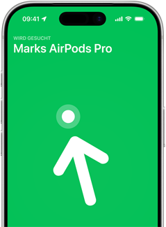 iPhone 17 Pro, Display zeigt „Wo ist?“ mit Genauer Suche, Text: Marks AirPods Pro