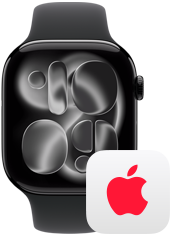 Apple Watch Series 11, Aluminiumgehäuse Diamantschwarz, rechte Seitenansicht: Digital Crown, Sportarmband Schwarz, AppleCare+ Logo