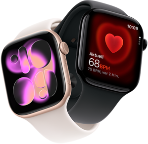 Apple Watch Series 11, Aluminium Roségold, Flow Zifferblatt, rechte Seitenansicht: Digital Crown, Mikrofon, Seitentaste, Sportarmband Blassrosa, Apple Watch Series 11, Aluminium Diamantschwarz, Herzfrequenz App, aktuelle Herzfrequenz, rechte Seitenansicht: Digital Crown, Sportarmband Schwarz