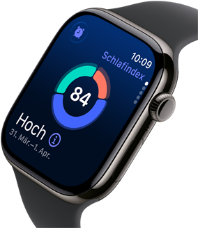 Nahaufnahme der Apple Watch Series 11 mit einem Titangehäuse Schiefer, auf dem Display wird der Schlafindex angezeigt