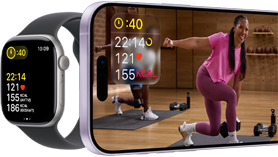 Apple Watch neben einem iPhone mit Apple Fitness+ Kurs auf dem Display