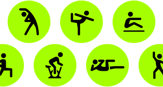 Training App-Aktivitäten, inklusive Rollstuhl, Yoga, Rudergerät, Funktionelles Krafttraining, Basketball, Radfahren indoor und Core Training, dargestellt durch Symbole