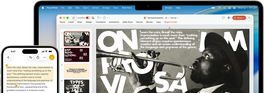 iPhone 16 Plus mit hervorgehobenem Text in der Notizen App, MacBook Air mit einer geöffneten Keynote Folie, Text aus der Notizen App ist auf der Folie sichtbar