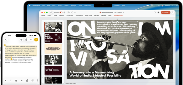 iPhone 16 Plus mit hervorgehobenem Text in der Notizen App, MacBook Air mit einer geöffneten Keynote Folie, Text aus der Notizen App ist auf der Folie sichtbar