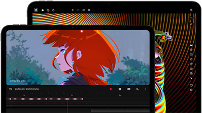Ein 13" und ein 11" iPad Pro, Vorderansicht, Querformat, Farbe Space Schwarz, gerundete Ecken, schwarzer Displayrand, das 11" Display zeigt das brillante Bild einer Person mit roten Haaren, das 13" Display zeigt bunte Elemente der Bildbearbeitungsoberfläche