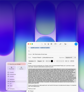 MacBook Neo Display, mit Apple Intelligence Schreibtools wird in Mail ein langer Absatz in einer E‑Mail mit Feedback zu einer Veröffentlichung überarbeitet