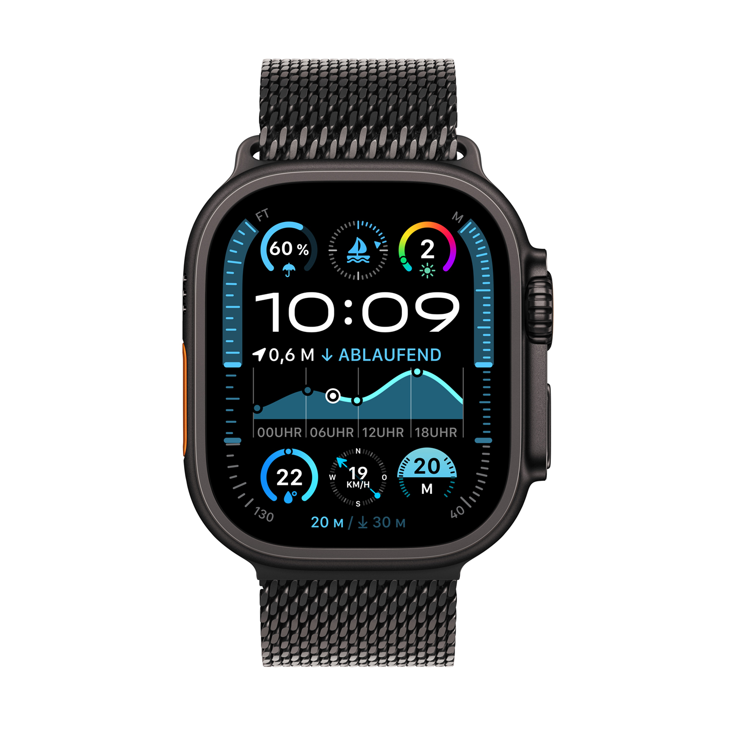Apple Watch Ultra 2 Titanium Cellular 49mm Schwarz (Milanaise Titan schwarz) L Apple watch ultra 2 49mm schwarz titanium milanese loop schwarz ansicht 2